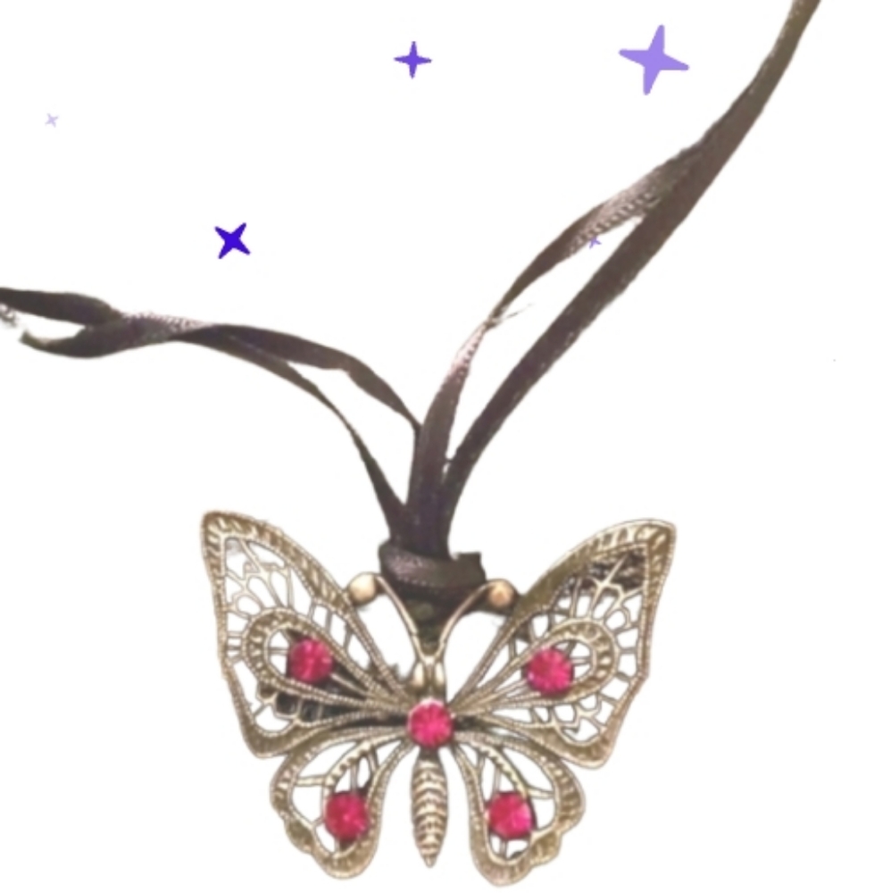 New vintage pewter butterfly choker on black ribbon red rhinestones 90s